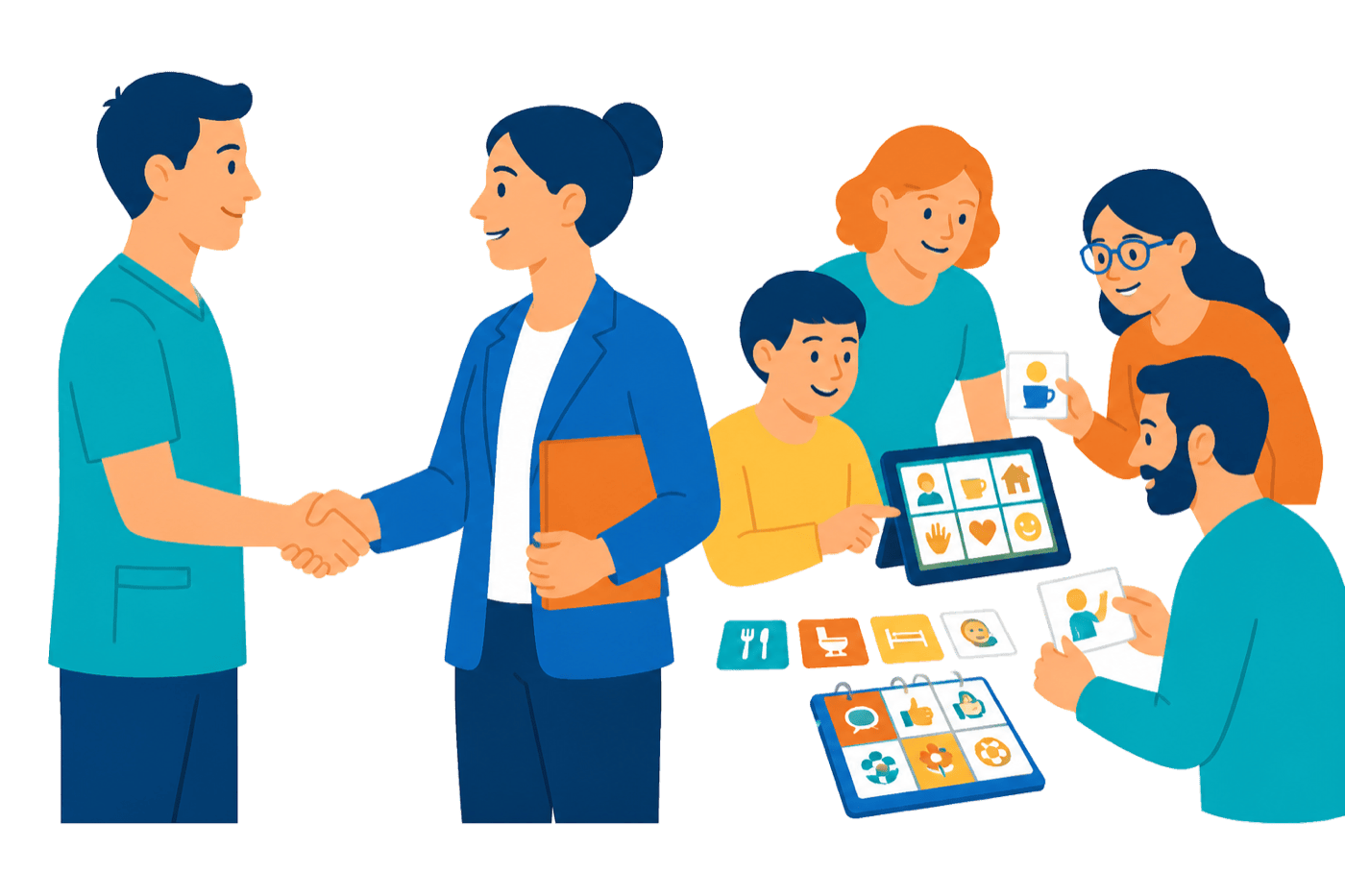 Illustration : les professionnels d'un établissement social ou médico-social (ESMS) rejoignent le réseau de partenaires MDCAA06 pour déployer la communication accessible auprès des personnes accompagnées.