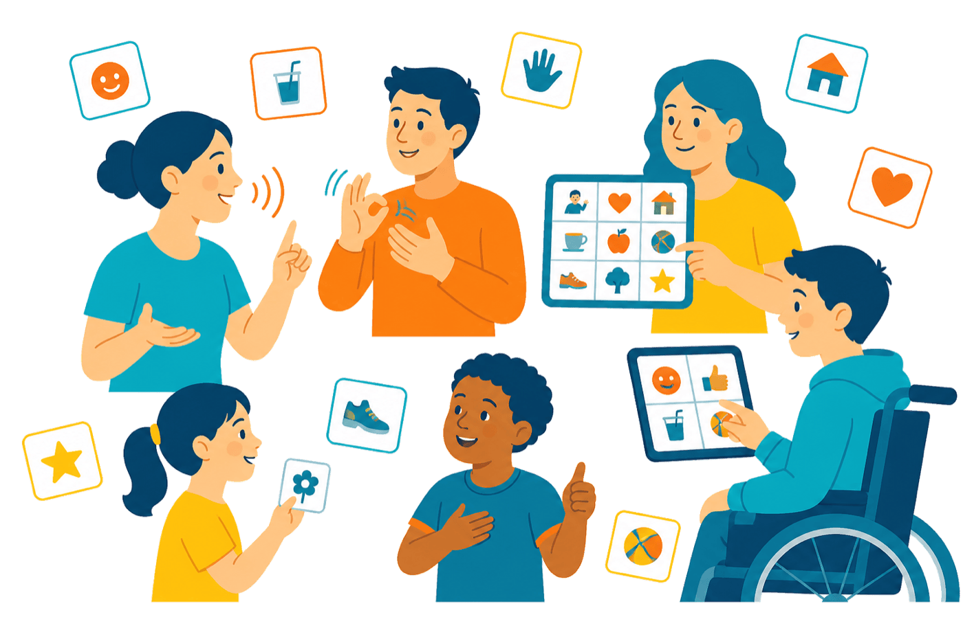 Illustration : une scène de vie riche en supports visuels et pictogrammes, plongeant la personne dans un bain de langage multimodal.