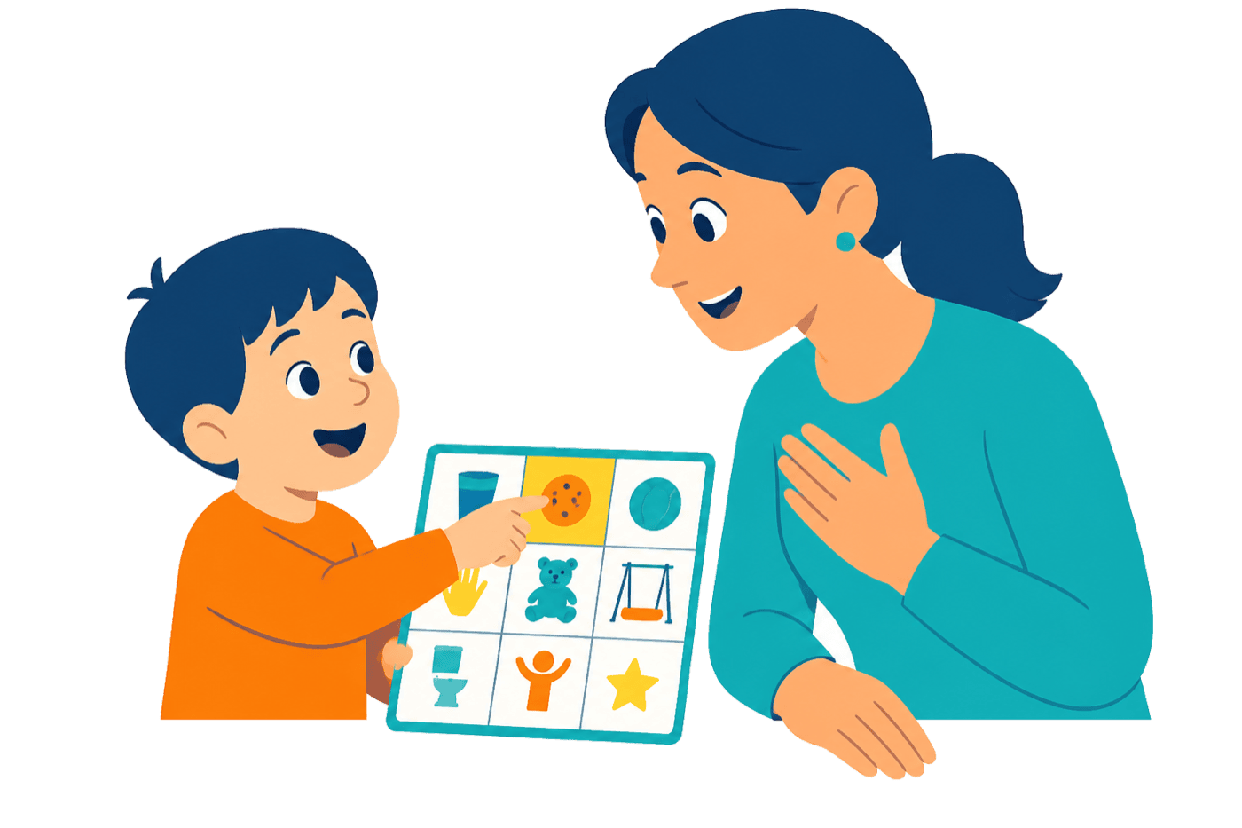 Illustration : une personne prend part à un moment de la vie quotidienne, entourée de proches qui utilisent gestes et pictogrammes pour l'inclure dans l'échange.