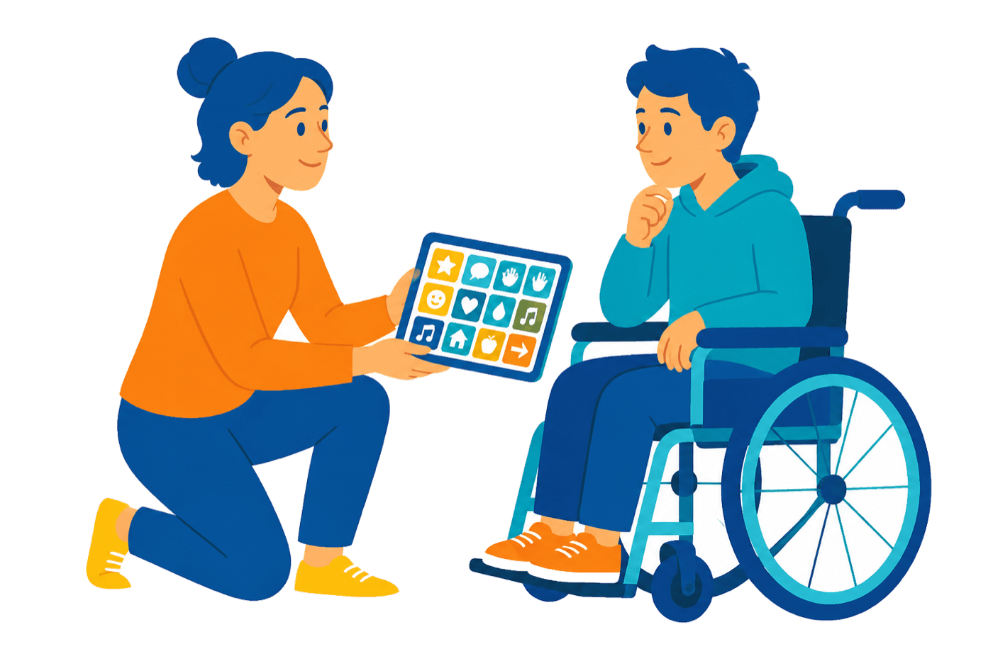 Illustration : un accompagnant encourage avec bienveillance une personne qui s'exprime avec ses outils de communication, symbolisant la confiance en son potentiel.