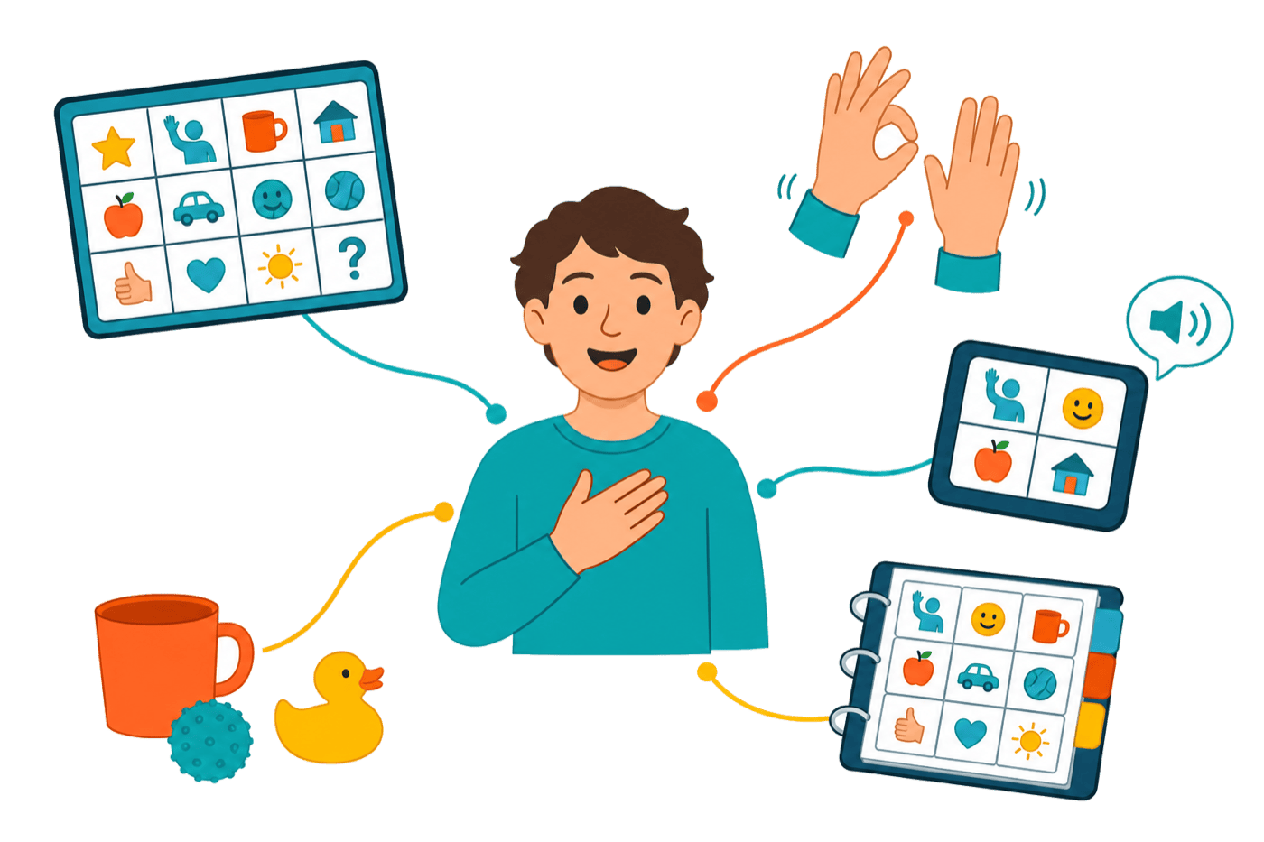 Illustration : une personne au centre, entourée de plusieurs stratégies de communication adaptées — tableau de pictogrammes, langue des signes, tablette à synthèse vocale, classeur et objets réels.